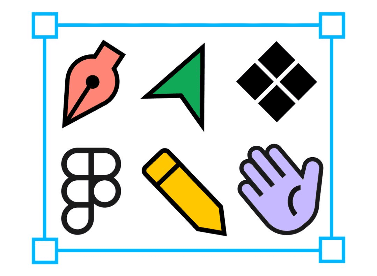 A design selection box holding six tools — pen, cursor, grid, Figma, pencil and a raised hand